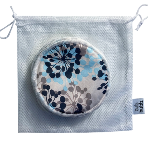 Reusable bamboo breast pads packaged for easy storage, offering a convenient and eco-friendly solution for nursing mothers.