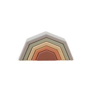 Colorful silicone rainbow toy made from BPA-free, food-grade silicone, perfect for teething and imaginative play.