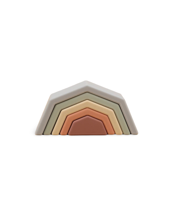 Colorful silicone rainbow toy made from BPA-free, food-grade silicone, perfect for teething and imaginative play.